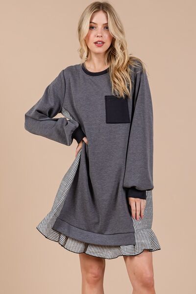 Ces Femme Gestreiftes Patchwork Rundhals-Sweatshirtkleid aus Frottee