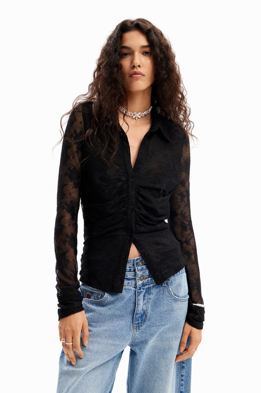 Gathered tulle floral T-shirt