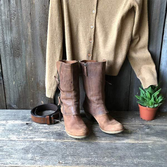 Damen-Lederstiefel mit mittelhohem Blockabsatz und seitlichem Reißverschluss