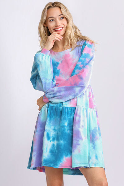 Umgee Damen Batik-Rundhals-Langarm-Babydoll-Stufenkleid Übergröße