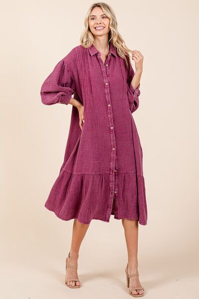 Midi-Hemdblusenkleid aus Baumwollgaze mit Mineralwaschung und Rüschen von Mittoshop