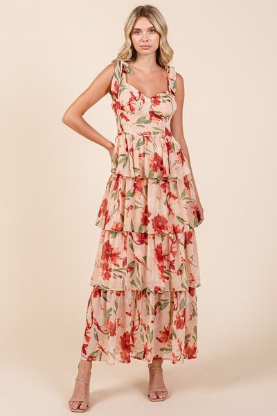 Mittoshop Layered Floral Sweetheart Neck Maxikleid