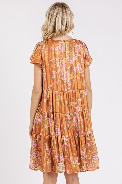 Mittoshop Blumenmuster Rundhals-Kleid mit flatternden Ärmeln und Stufenrock