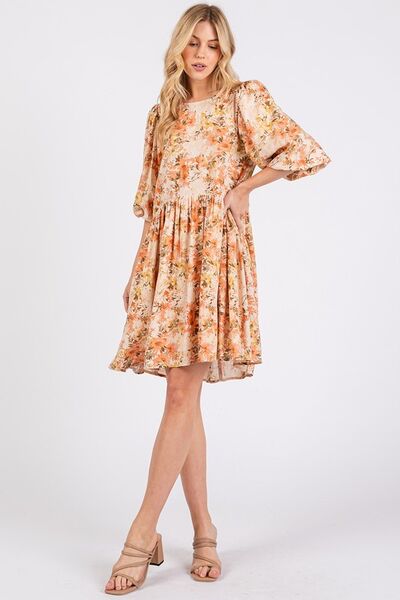 Mittoshop Blumenprint Leinenmischung Babydoll Minikleid