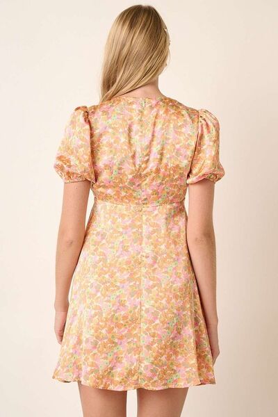 Mittoshop Bedrucktes V-Ausschnitt Puffärmel Minikleid