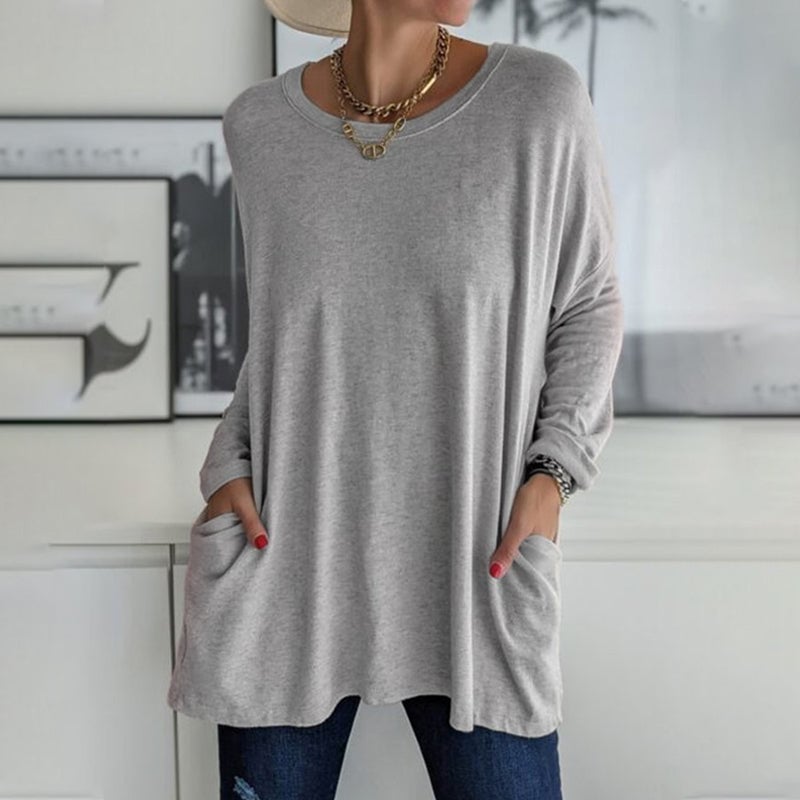 🔥HEISSER VERKAUF-49% RABATT-Rundhals Langarm Tasche Einfarbig T-Shirt