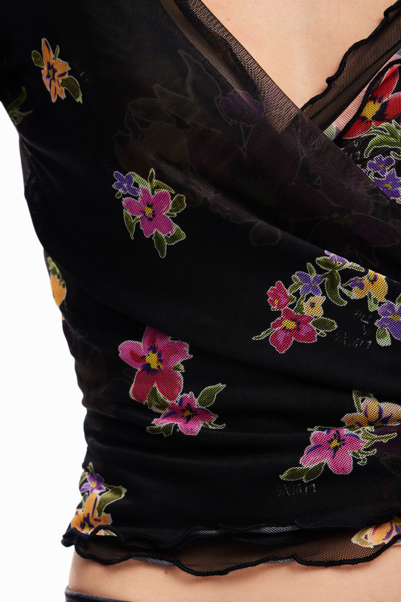 Wrap floral tulle blouse