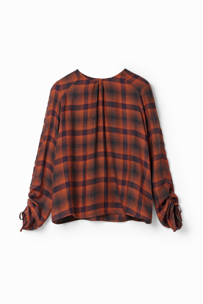 Adjustable sleeve plaid blouse