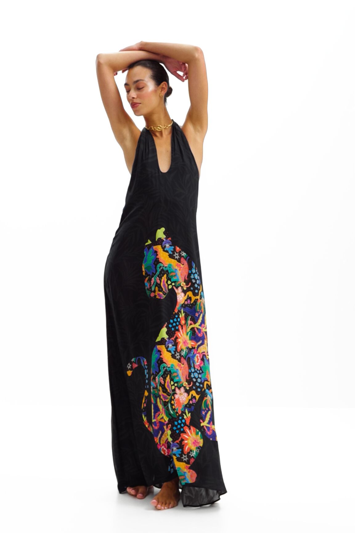 Jungle design maxi halter neck dress