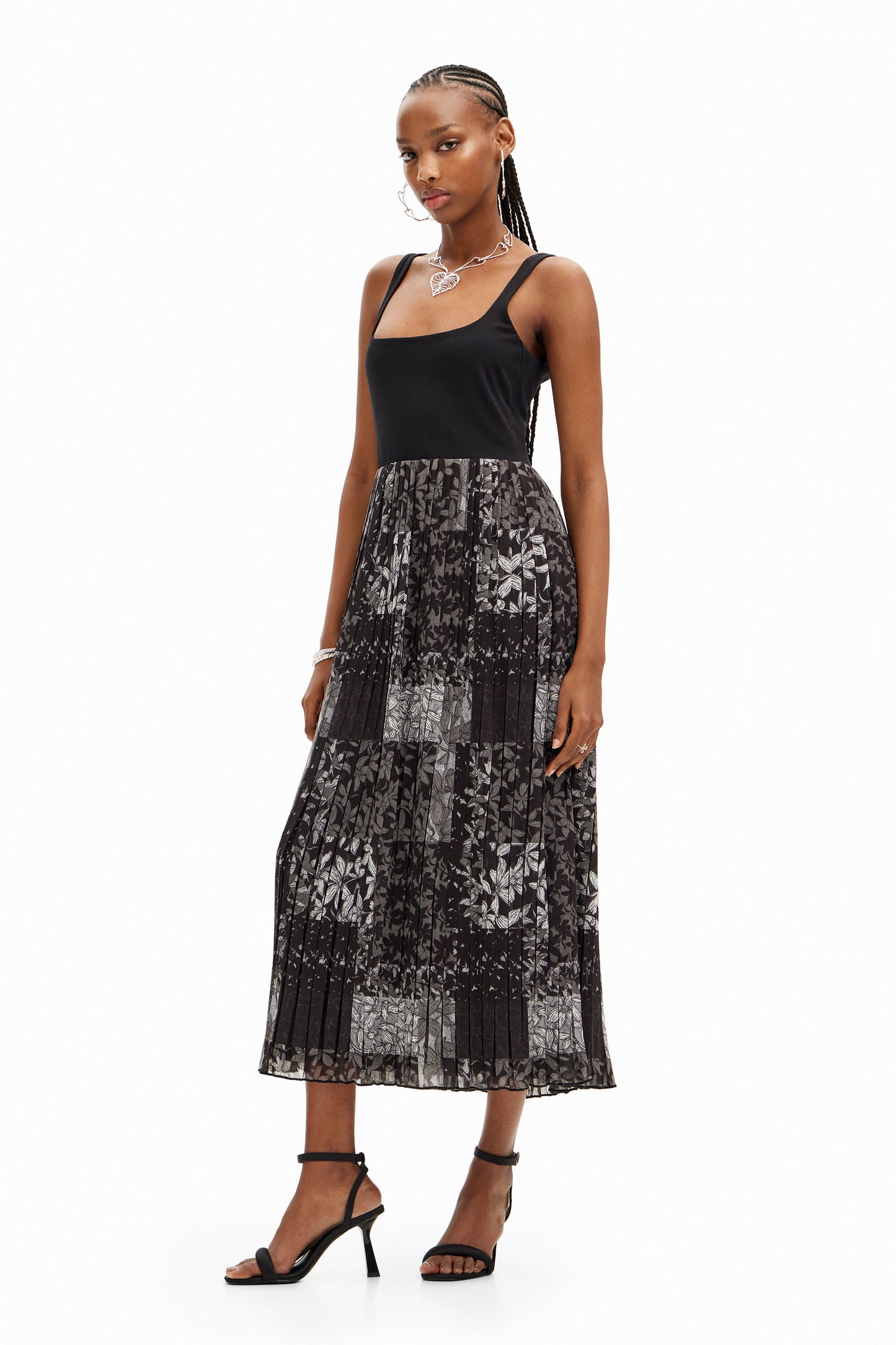 Pleated combination midi dress