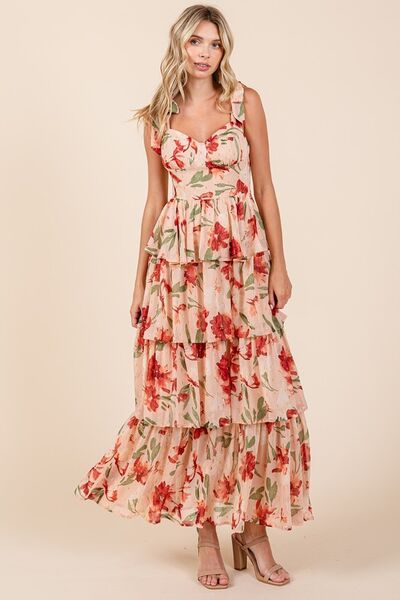 Mittoshop Layered Floral Sweetheart Neck Maxikleid