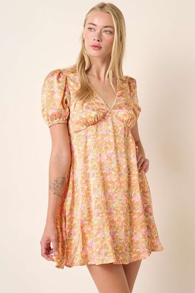 Mittoshop Bedrucktes V-Ausschnitt Puffärmel Minikleid