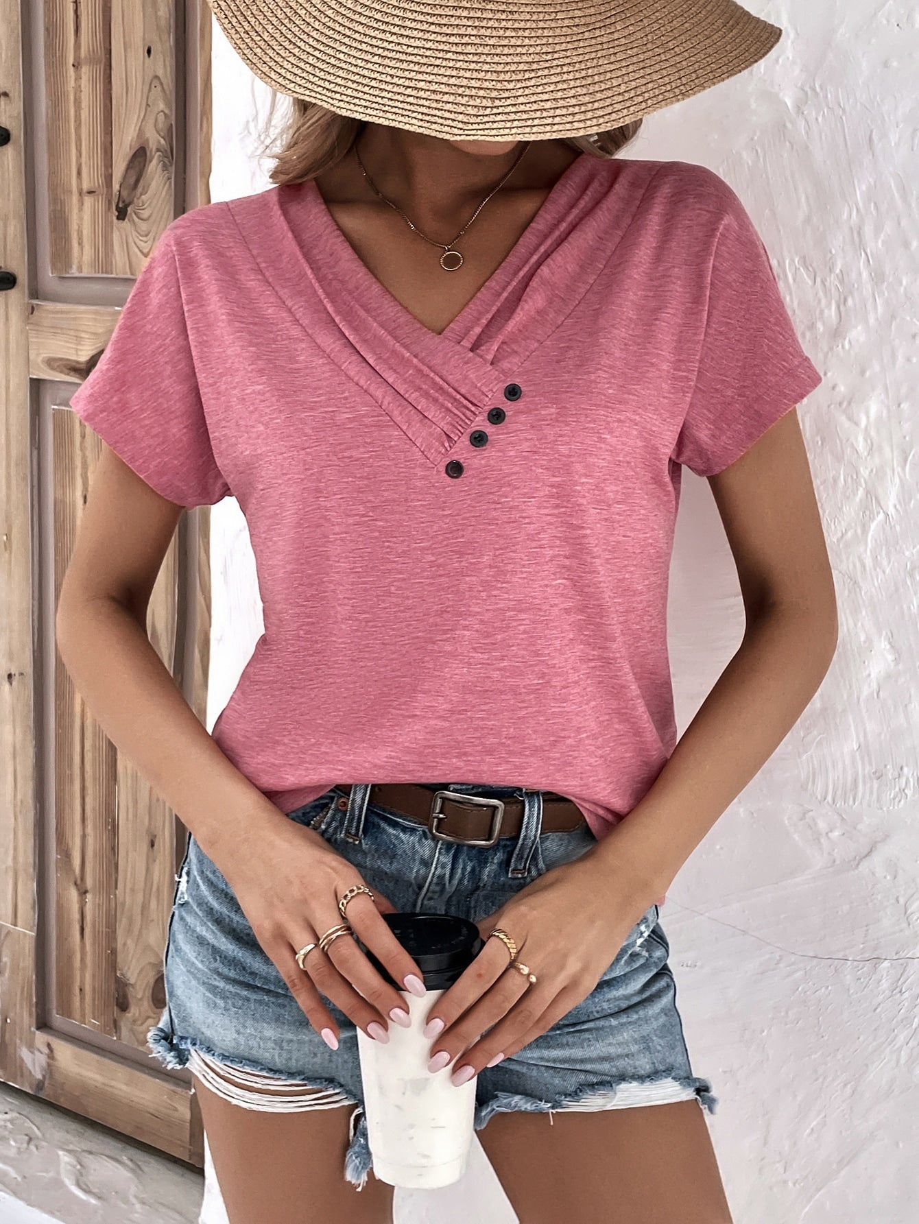 T-Shirt mit V-Ausschnitt und Knopfleiste (3 kaufen, kostenloser Versand)