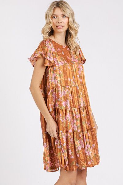 Mittoshop Blumenmuster Rundhals-Kleid mit flatternden Ärmeln und Stufenrock