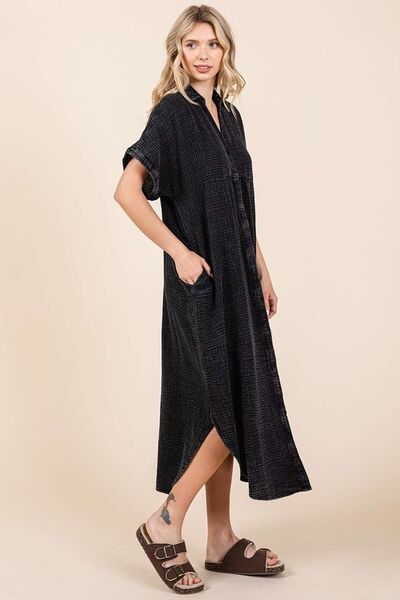 Mittoshop V-Ausschnitt Midi-Hemdblusenkleid in Mineralwaschung