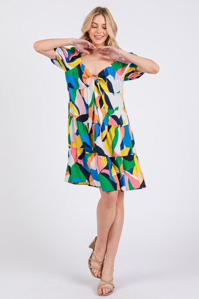 Ces Femme Abstrakt gemustertes Kleid mit Herzausschnitt und Puffärmeln