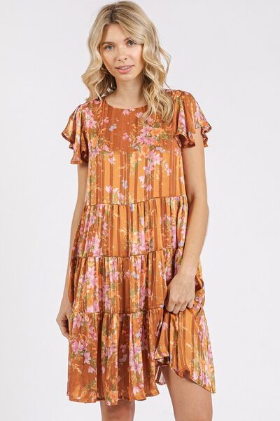 Mittoshop Blumenmuster Rundhals-Kleid mit flatternden Ärmeln und Stufenrock