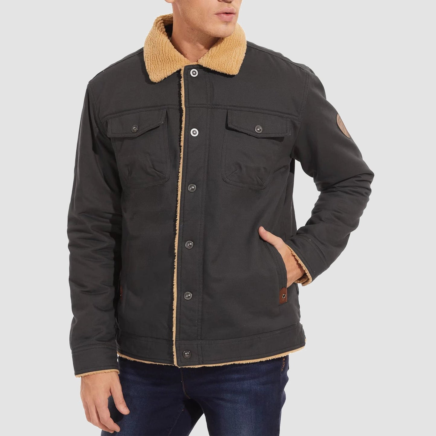 Herren Sherpa Trucker Jacke 5 Taschen Baumwoll Cargo Jacke Umlegekragen Wintermäntel