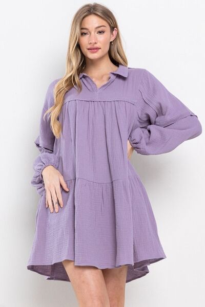 Ces Femme Johnny Collar Balloon Sleeve Mini Dress