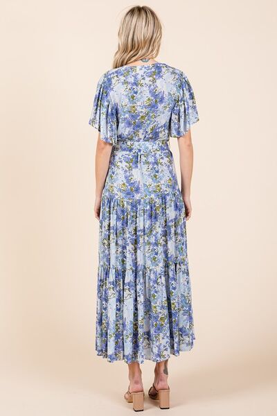 Mittoshop Geblümtes Kleid mit Bindegürtel und Stufenrock