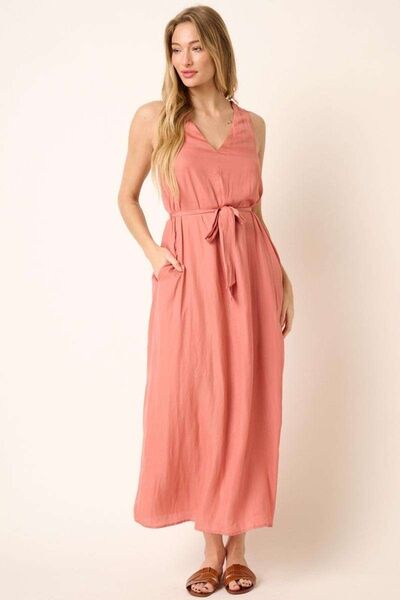 Mittoshop Maxikleid mit V-Ausschnitt, überkreuztem Rückenausschnitt und Gürtel
