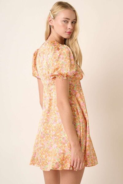 Mittoshop Bedrucktes V-Ausschnitt Puffärmel Minikleid