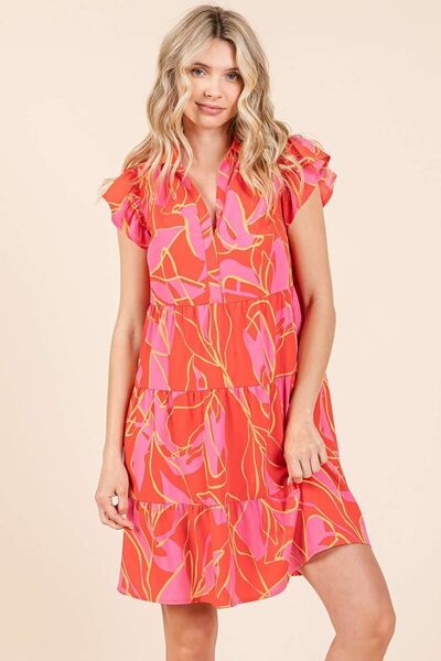 Mittoshop Minikleid mit Blätterdruck, Volantärmeln und Stufenrock