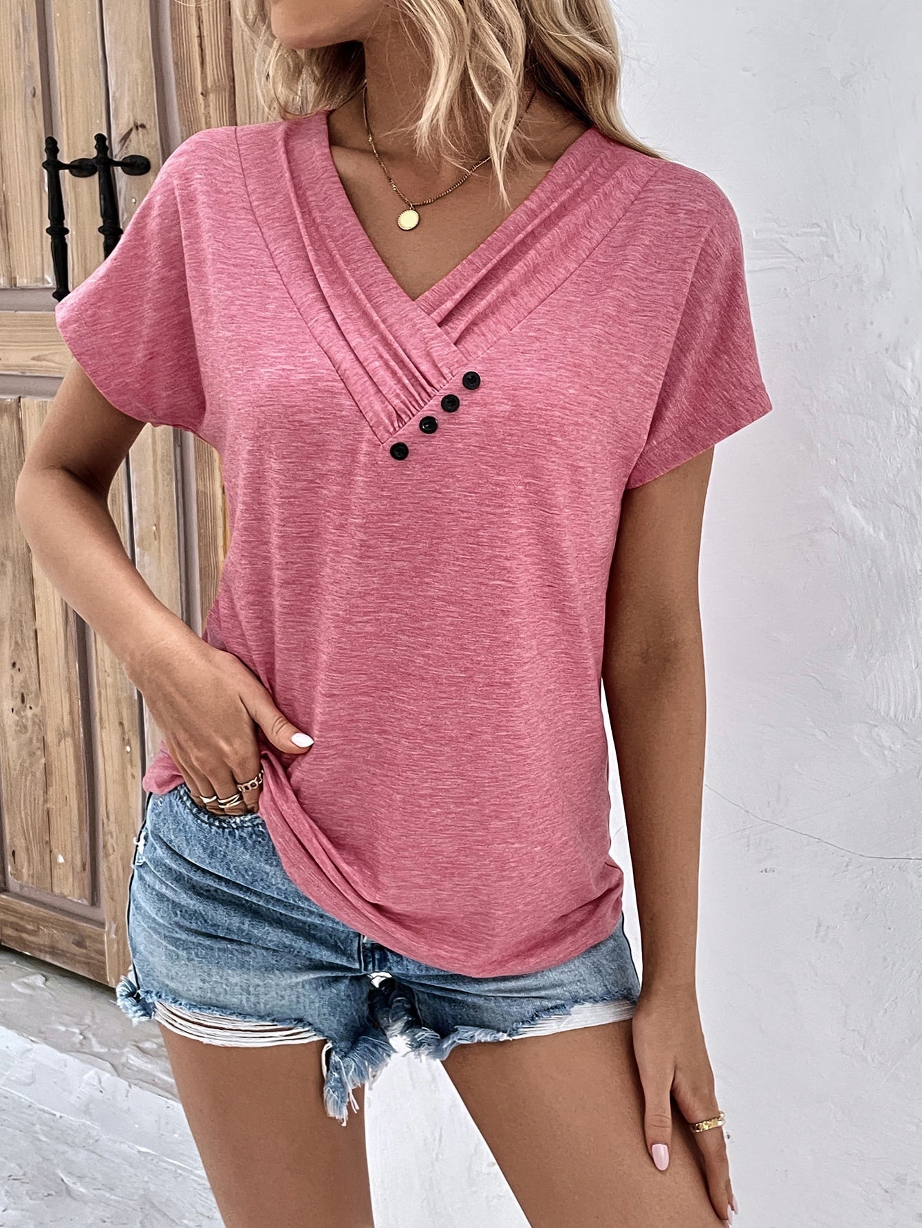 T-Shirt mit V-Ausschnitt und Knopfleiste (3 kaufen, kostenloser Versand)