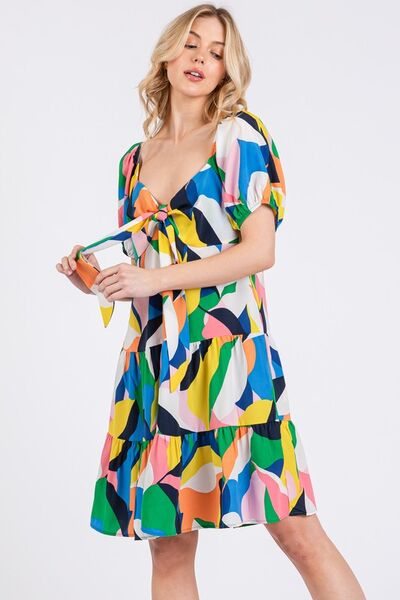 Ces Femme Abstrakt gemustertes Kleid mit Herzausschnitt und Puffärmeln