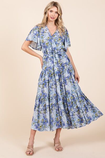 Mittoshop Geblümtes Kleid mit Bindegürtel und Stufenrock