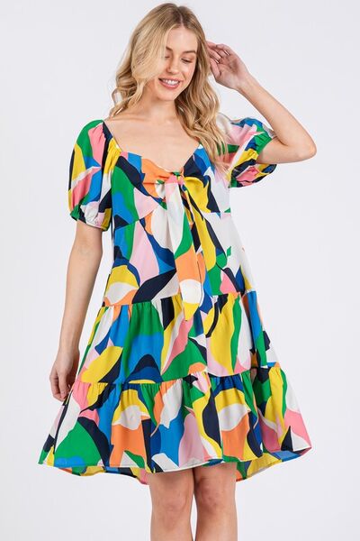 Ces Femme Abstrakt gemustertes Kleid mit Herzausschnitt und Puffärmeln