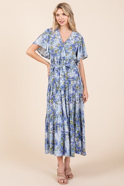 Mittoshop Geblümtes Kleid mit Bindegürtel und Stufenrock