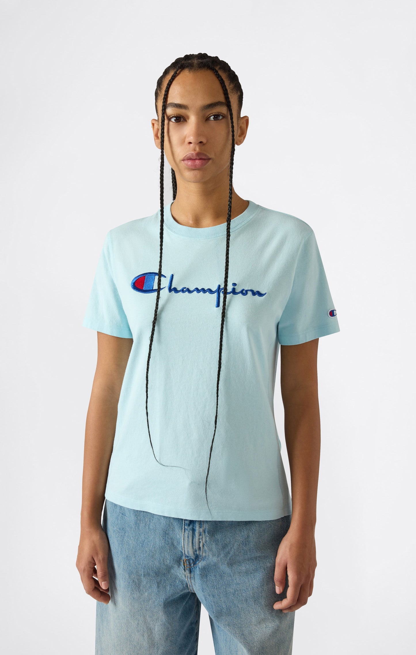 Damen Reverse Weave Rundhals-T-Shirt mit gesticktem Logo
