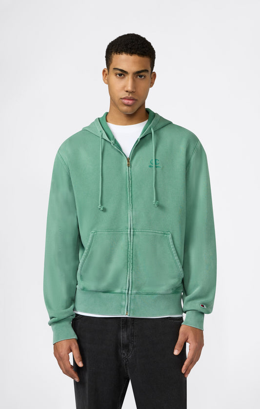 Men's Full Zip Hooded Sweatshirt with Embroidered Logo and Washed Effect Icons