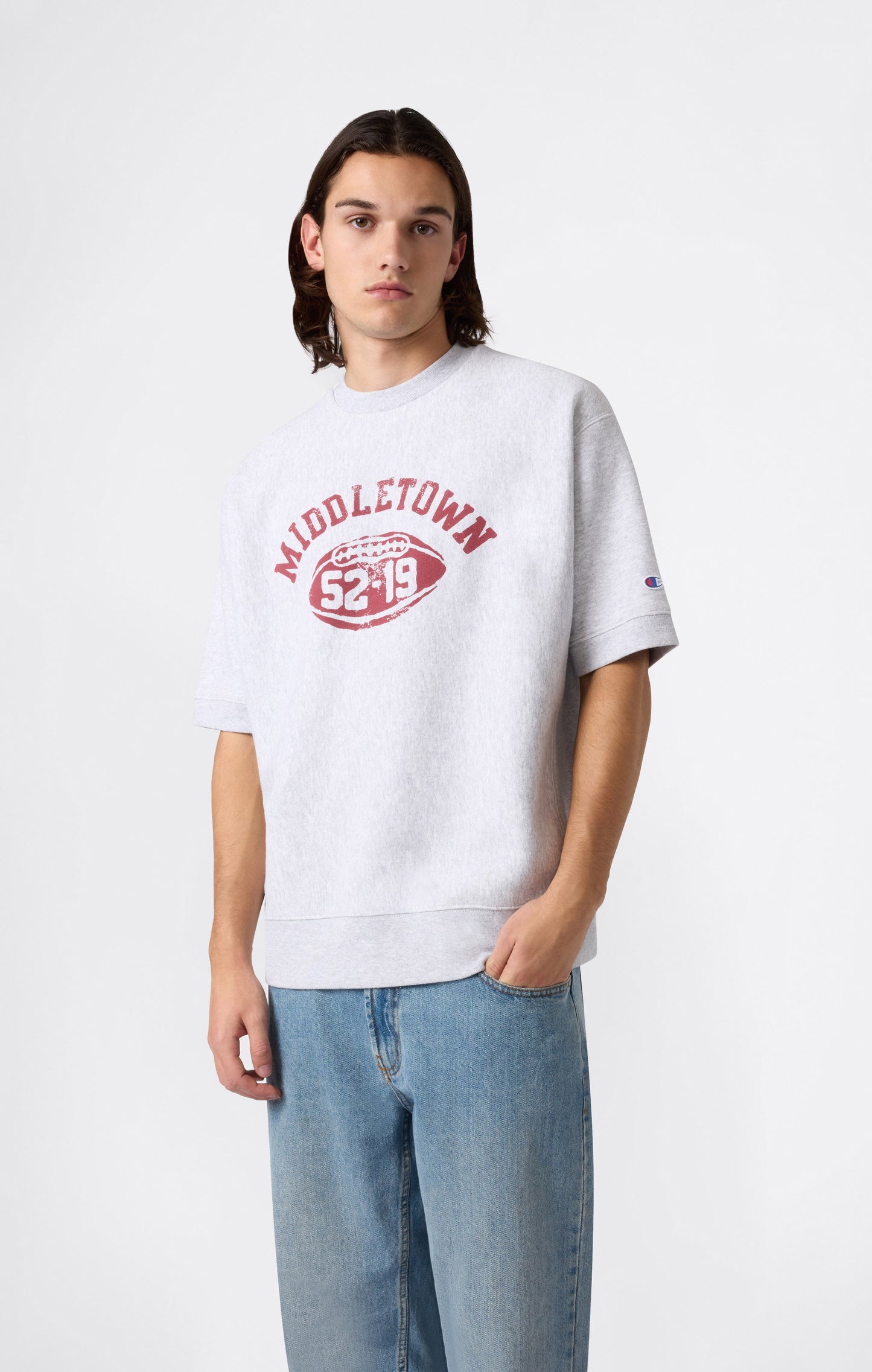 Men's Heavyweight Short Sleeve Sweatshirt with Brushed Interior and Print Reverse Weave