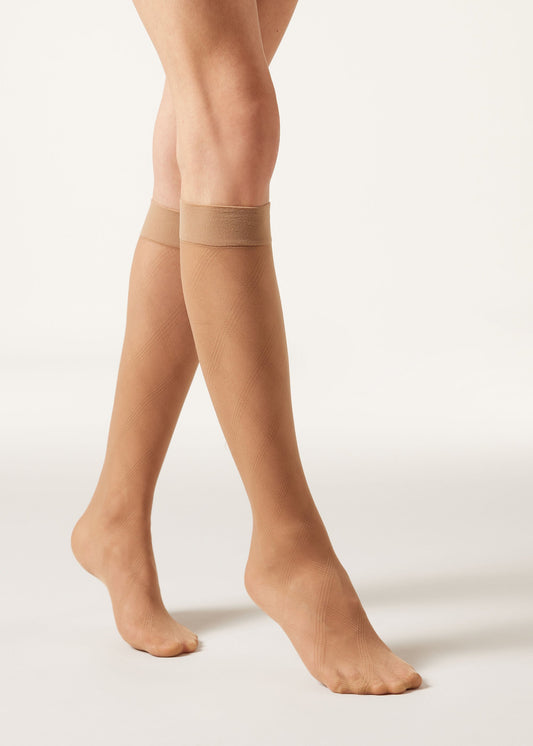 Diamond-Patterned Sheer Knee-High Socks