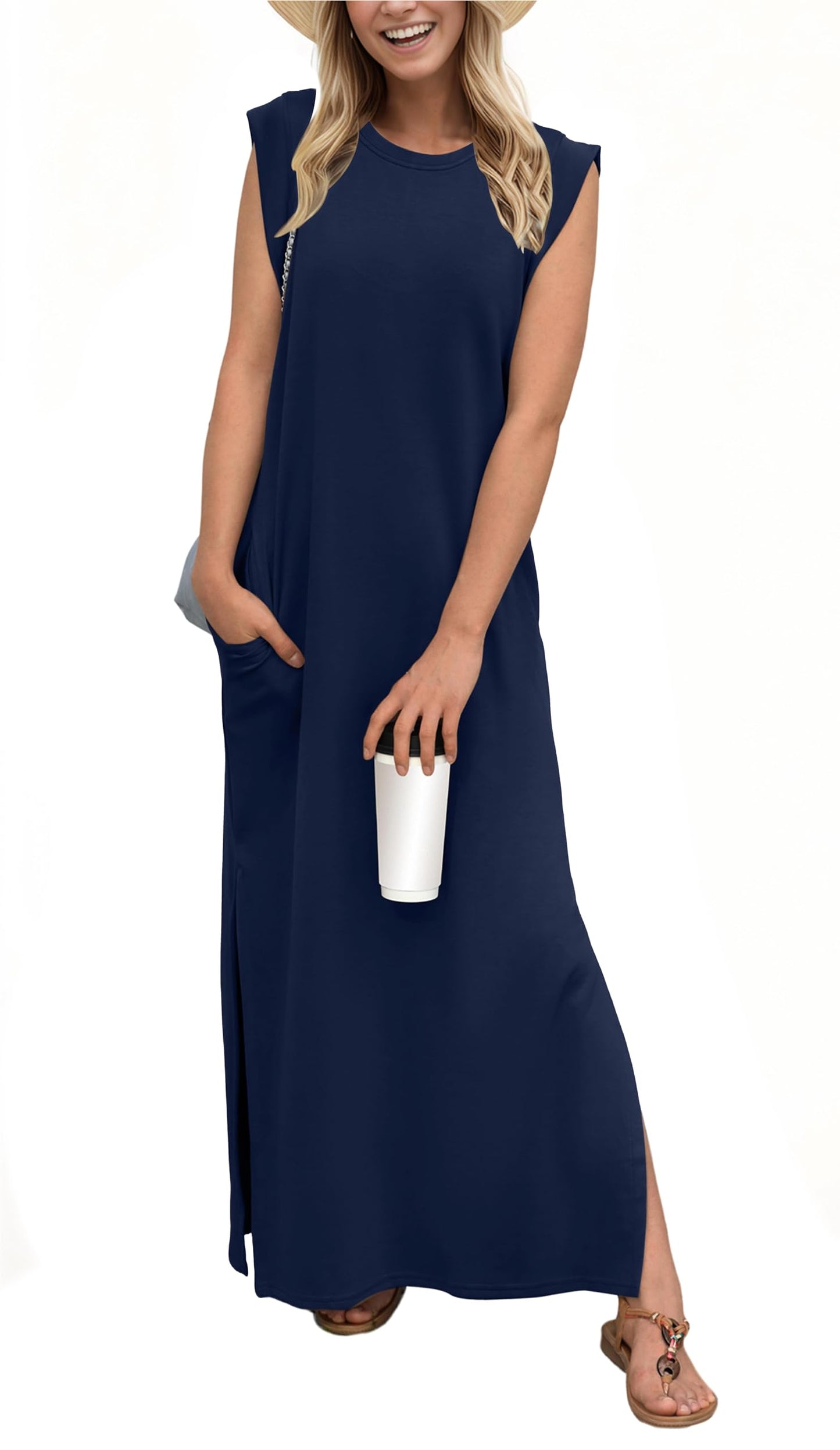 Lässiges, locker geschnittenes, knitterfreies Maxi-Kleid für Damen mit Schlitz (2 kaufen, kostenloser Versand)