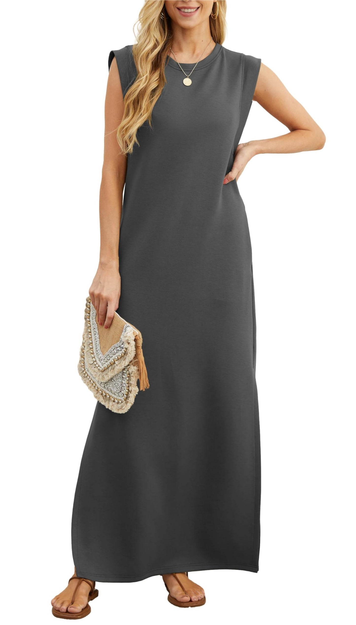 Lässiges, locker geschnittenes, knitterfreies Maxi-Kleid für Damen mit Schlitz (2 kaufen, kostenloser Versand)