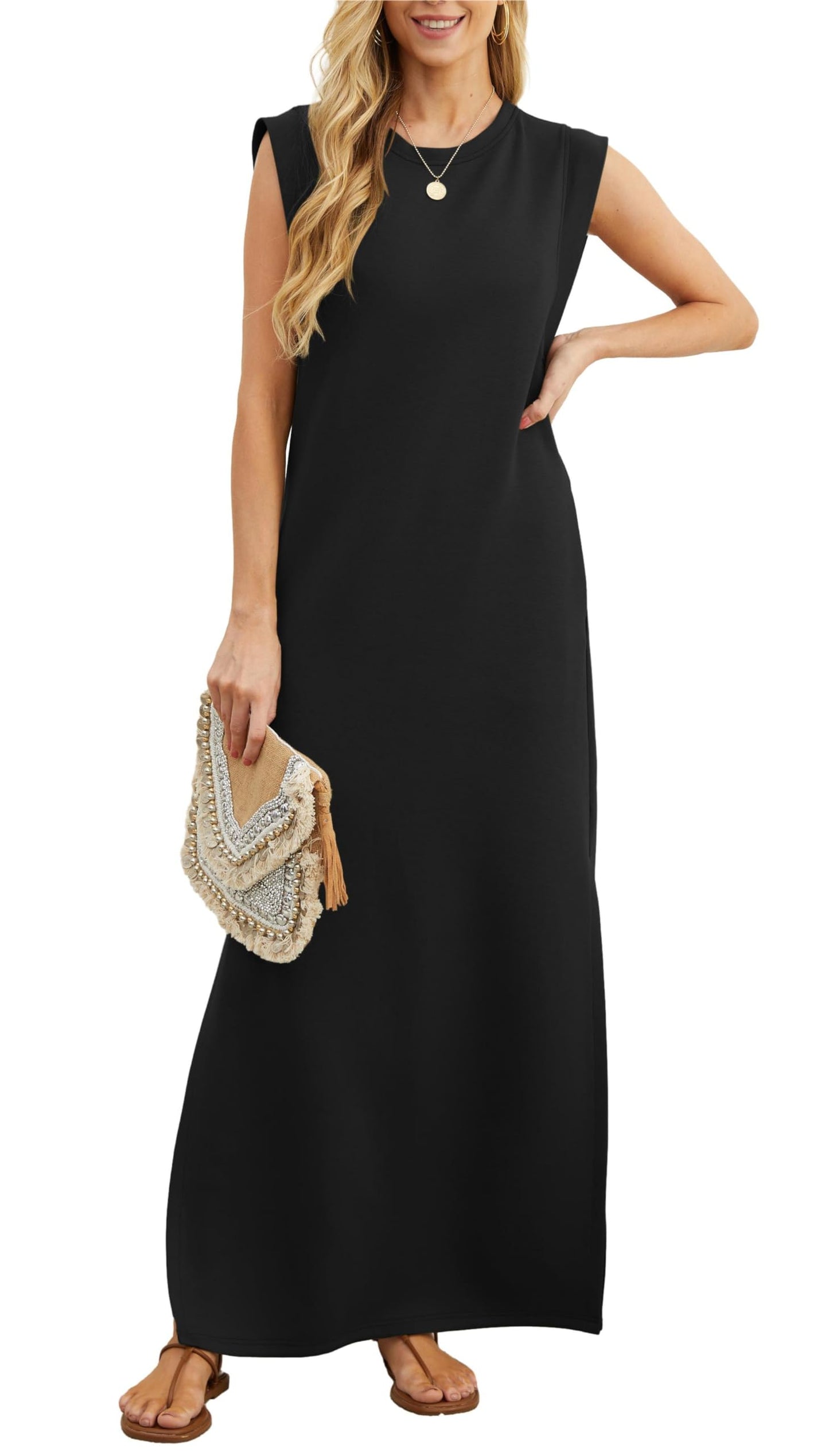 Lässiges, locker geschnittenes, knitterfreies Maxi-Kleid für Damen mit Schlitz (2 kaufen, kostenloser Versand)