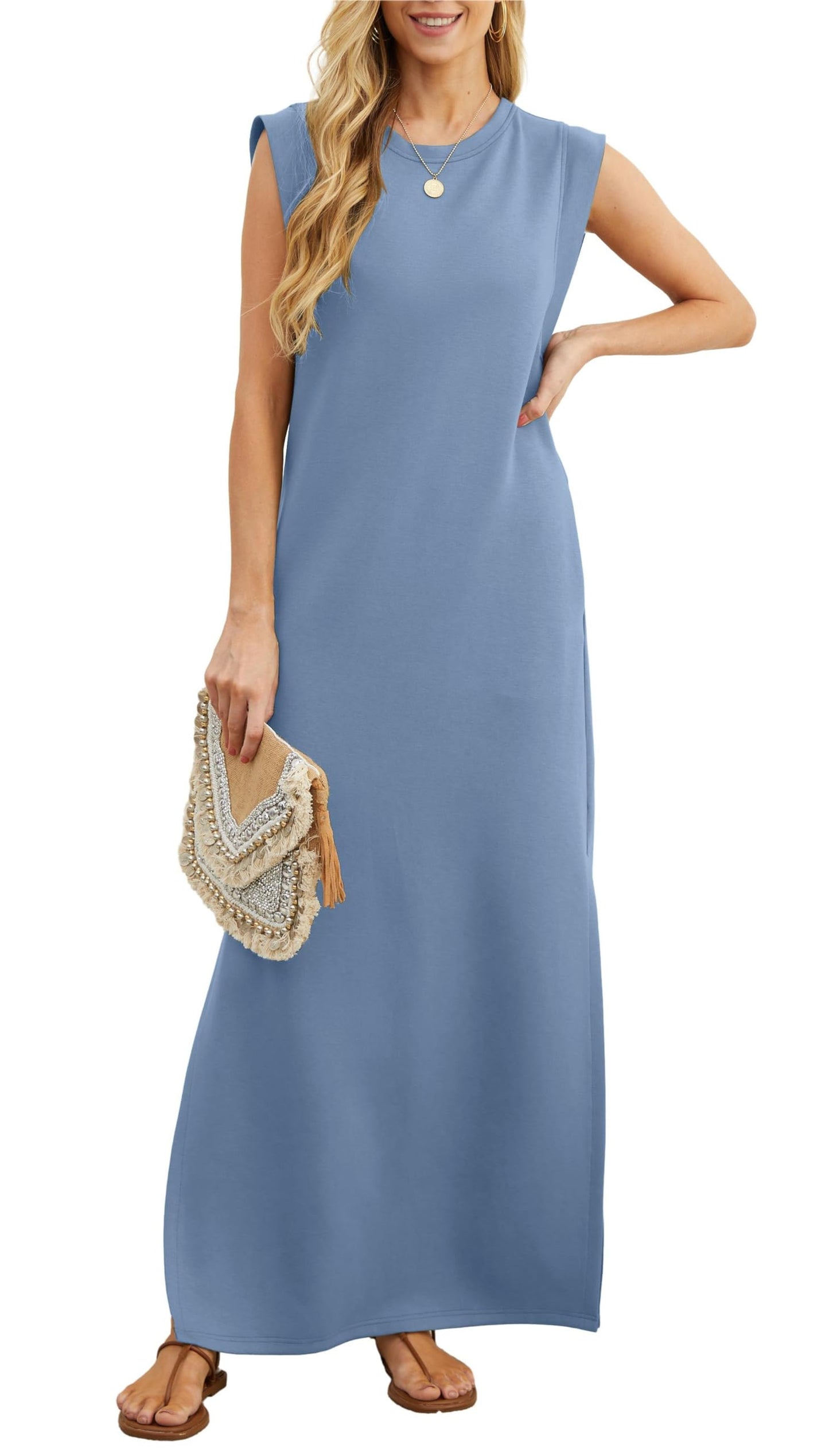 Lässiges, locker geschnittenes, knitterfreies Maxi-Kleid für Damen mit Schlitz (2 kaufen, kostenloser Versand)