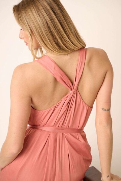 Mittoshop Maxikleid mit V-Ausschnitt, überkreuztem Rückenausschnitt und Gürtel