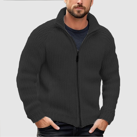 RÄUMUNGSVERKAUF Herren-Cardigan, unifarben, Reißverschluss, Rollkragen, dicker Strickpullover aus Wolle
