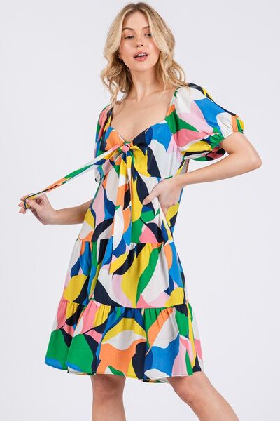 Ces Femme Abstrakt gemustertes Kleid mit Herzausschnitt und Puffärmeln