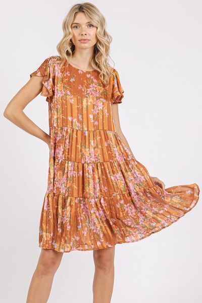 Mittoshop Blumenmuster Rundhals-Kleid mit flatternden Ärmeln und Stufenrock