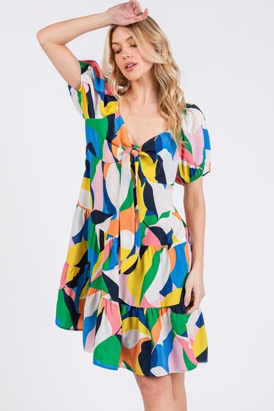 Ces Femme Abstrakt gemustertes Kleid mit Herzausschnitt und Puffärmeln