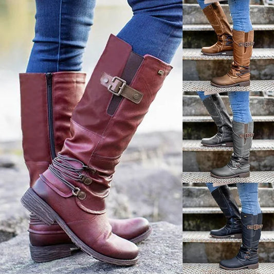 Damen-Vintage-Lederstiefel mit Reißverschluss und hohem Schaft