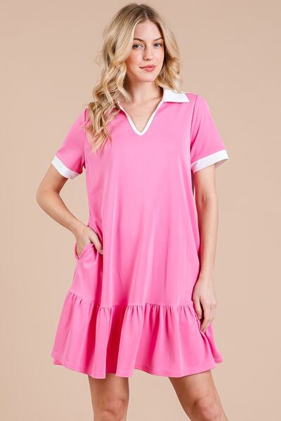 Ces Femme Kleid mit Johnny-Kragen, Rüschensaum und kurzen Ärmeln