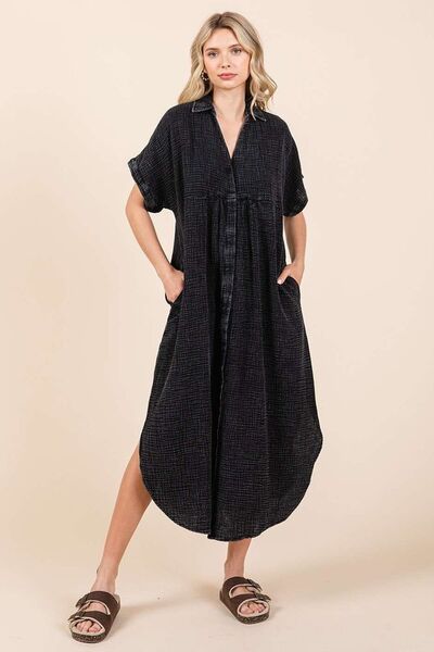 Mittoshop V-Ausschnitt Midi-Hemdblusenkleid in Mineralwaschung