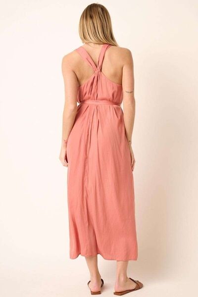 Mittoshop Maxikleid mit V-Ausschnitt, überkreuztem Rückenausschnitt und Gürtel