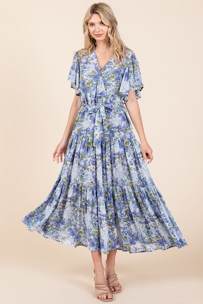 Mittoshop Geblümtes Kleid mit Bindegürtel und Stufenrock
